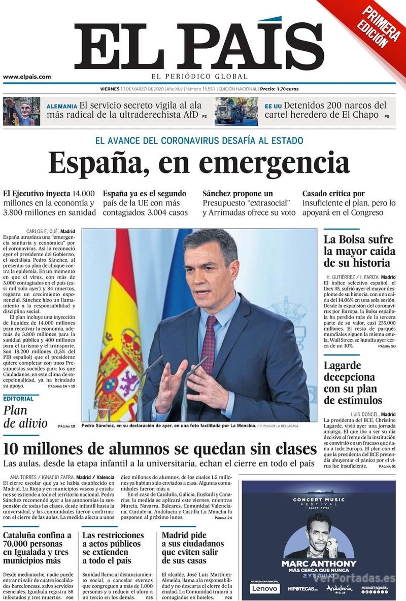Portada El País 2020-03-14