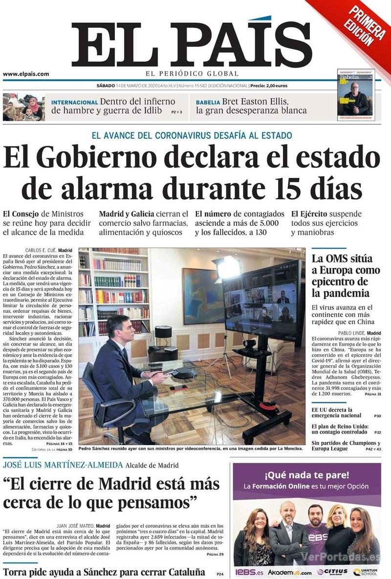 Portada El País 2020-03-15
