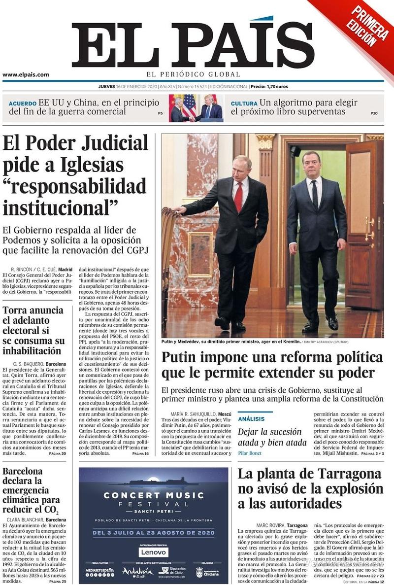 Portada El País 2020-01-17