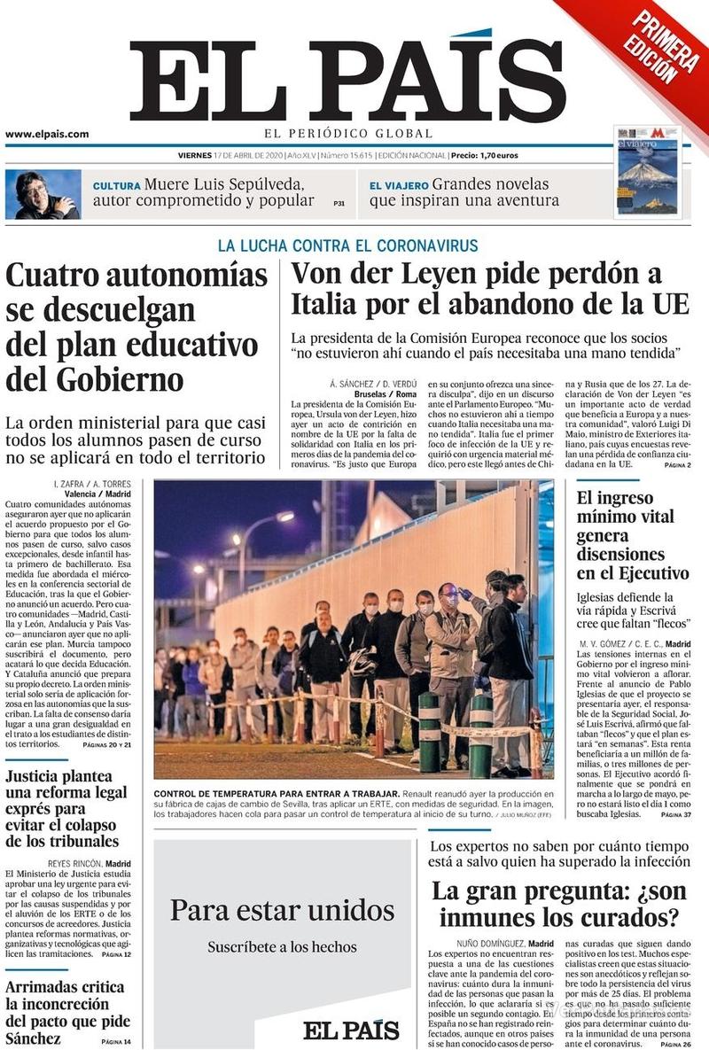 Portada El País 2020-04-18