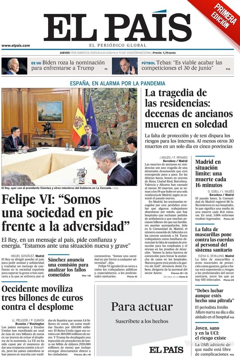 Portada El País 2020-03-20