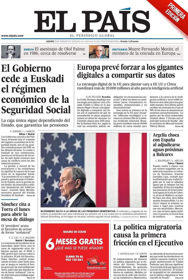 Portada El País 2020-02-21