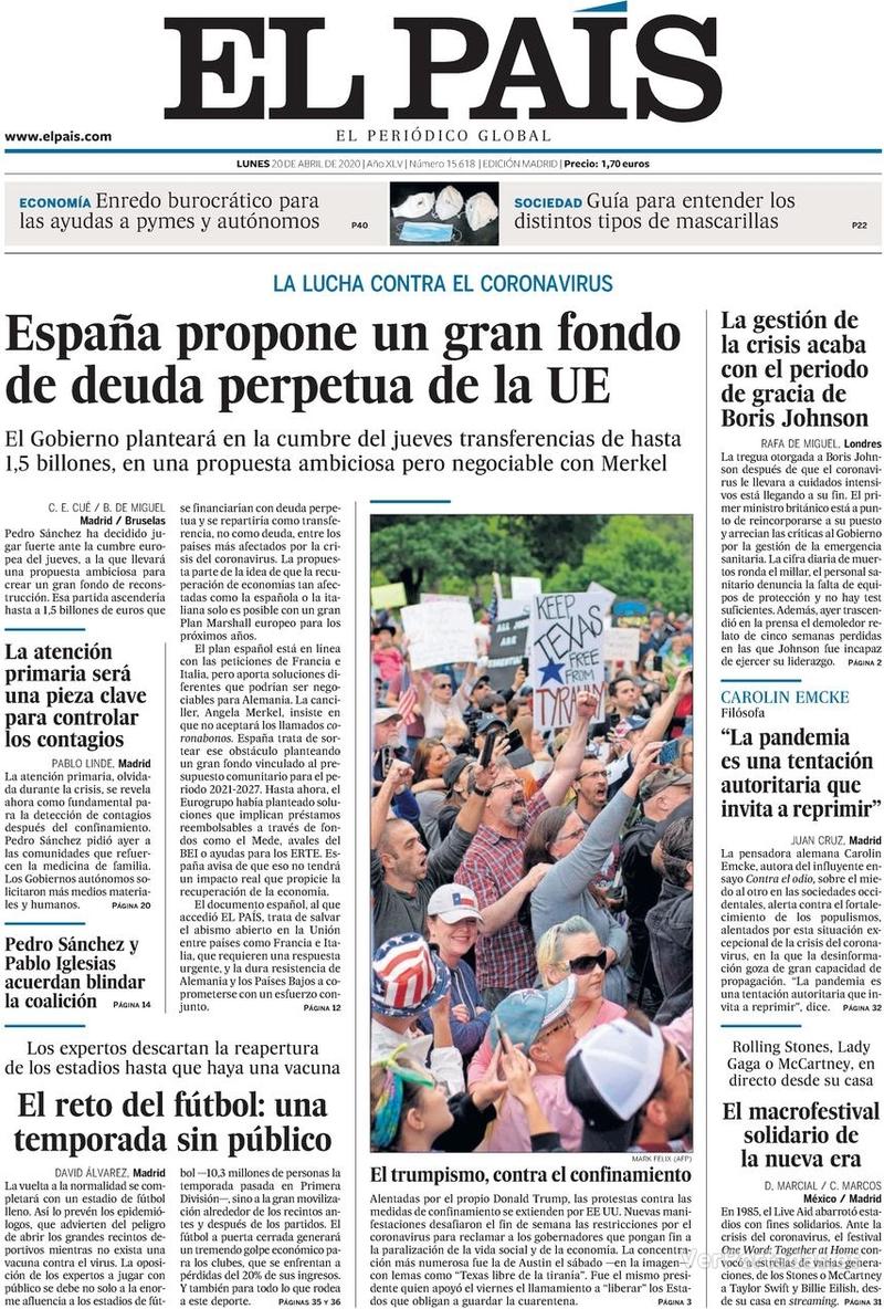 Portada El País 2020-04-21