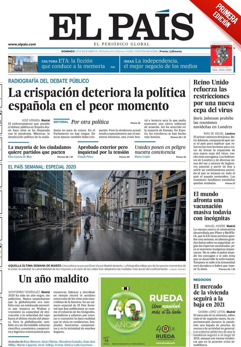 Portada El País 2020-12-21