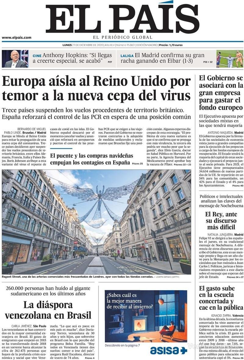 Portada El País 2020-12-22