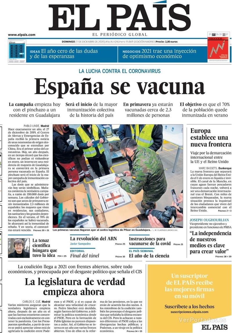 Portada El País 2020-12-28