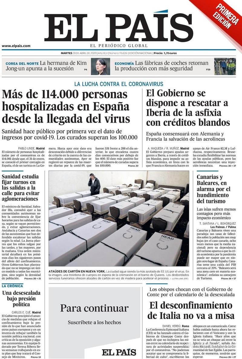 Portada El País 2020-04-29