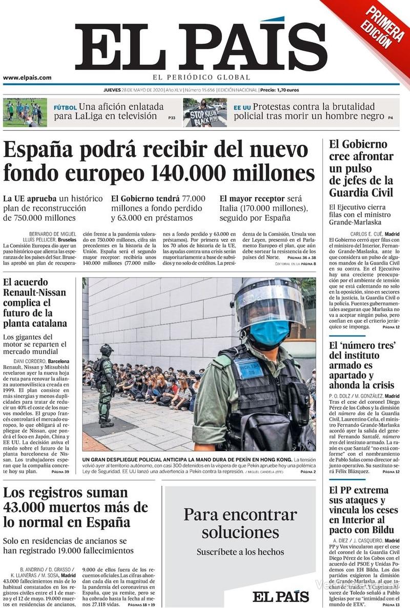 Portada El País 2020-05-29
