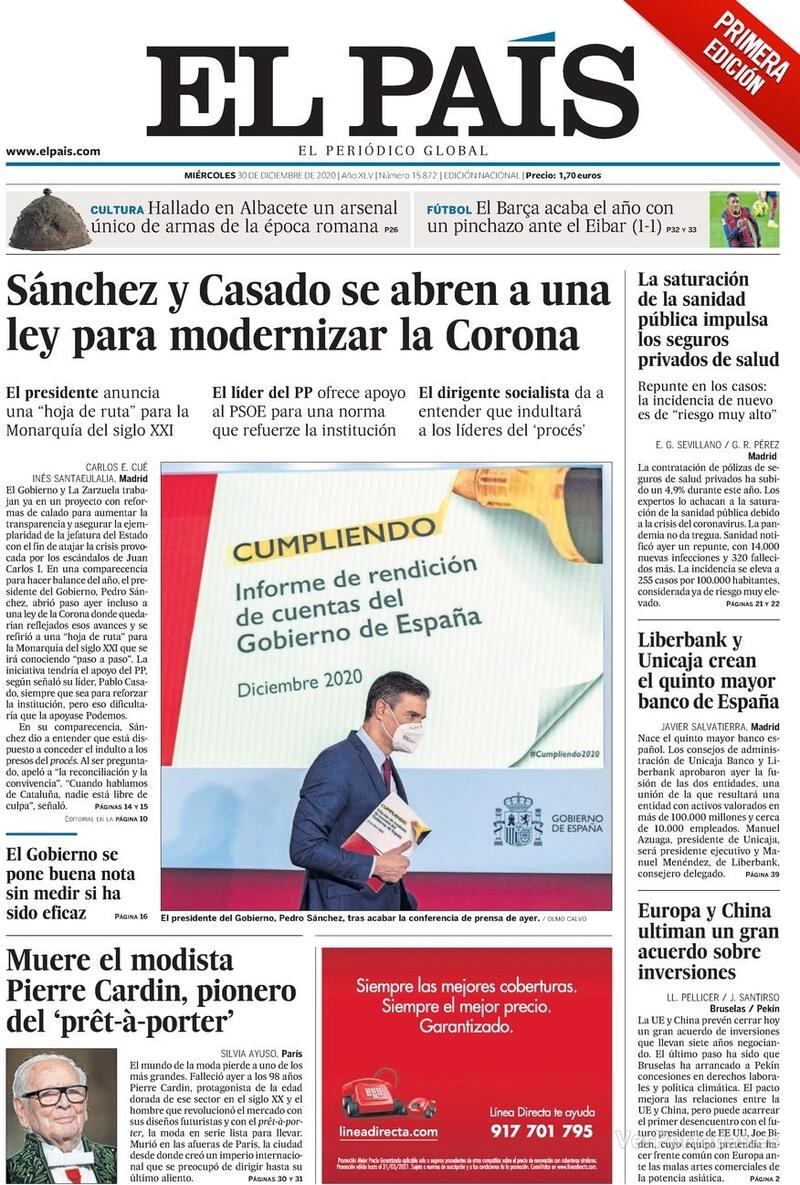 Portada El País 2020-12-31