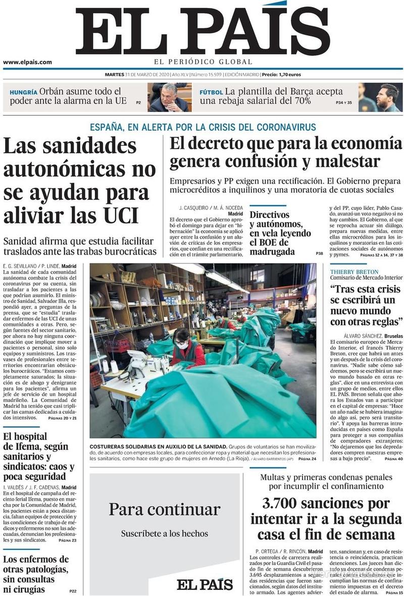 Portada El País 2020-04-01