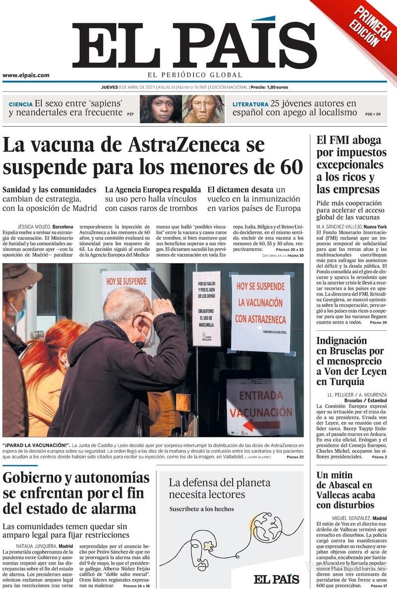 Portada El País 2021-04-09
