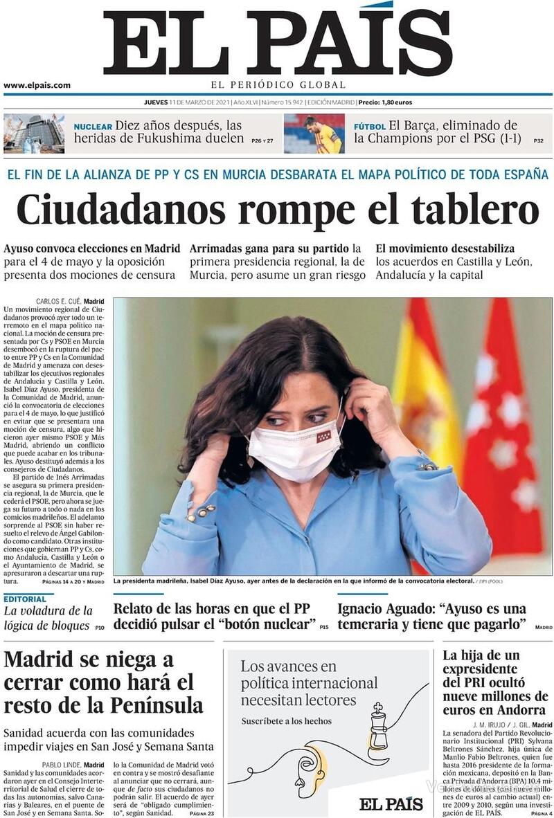 Portada El País 2021-03-12