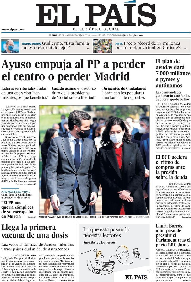 Portada El País 2021-03-13