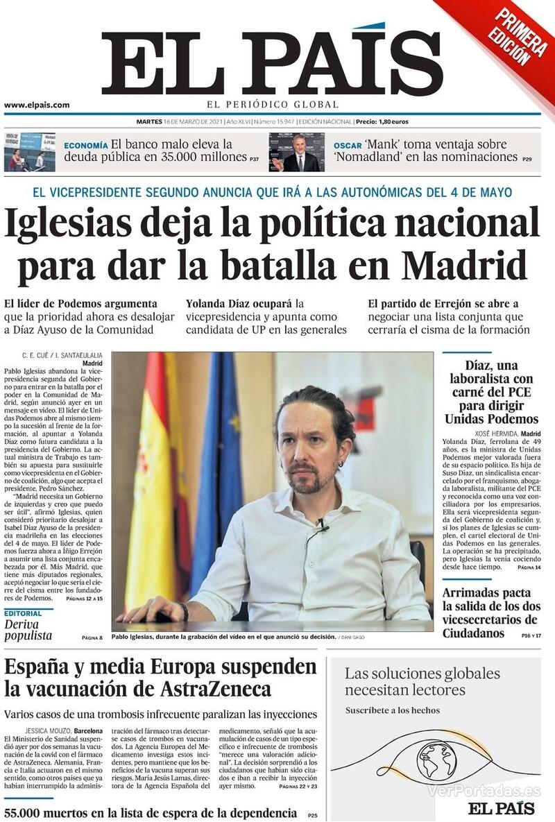 Portada El País 2021-03-17