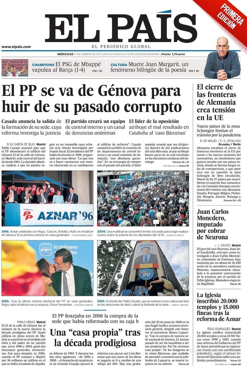 Portada El País 2021-02-18