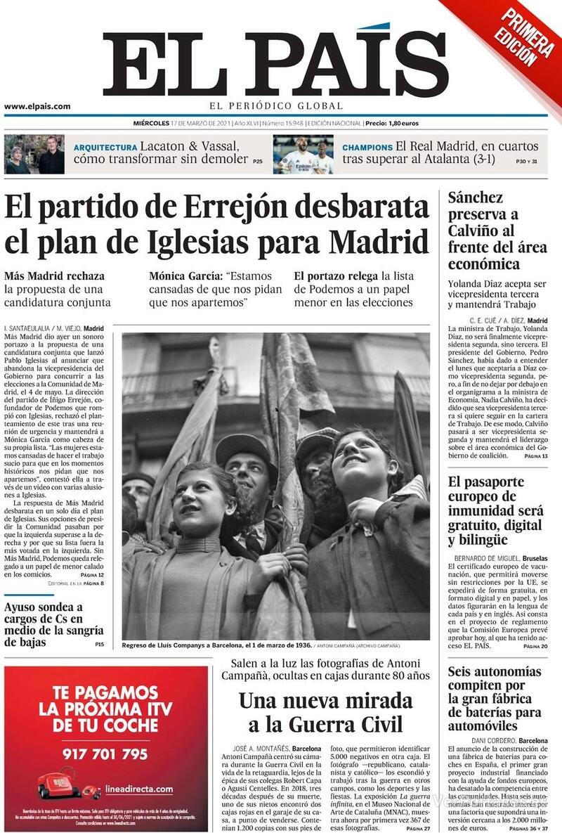 Portada El País 2021-03-18
