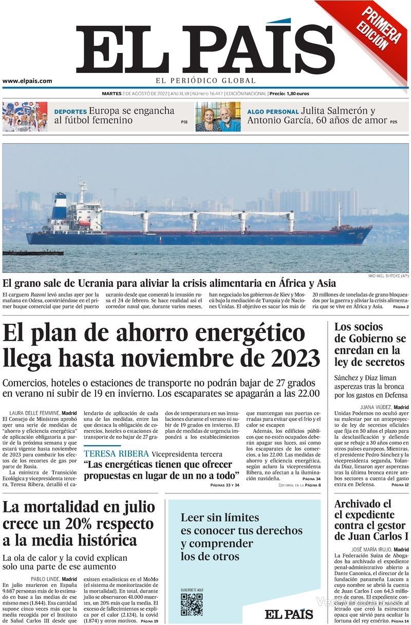 Portada El País 2022-08-03