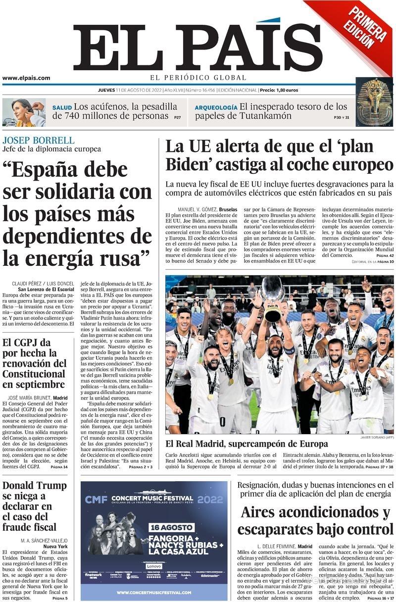 Portada El País 2022-08-12