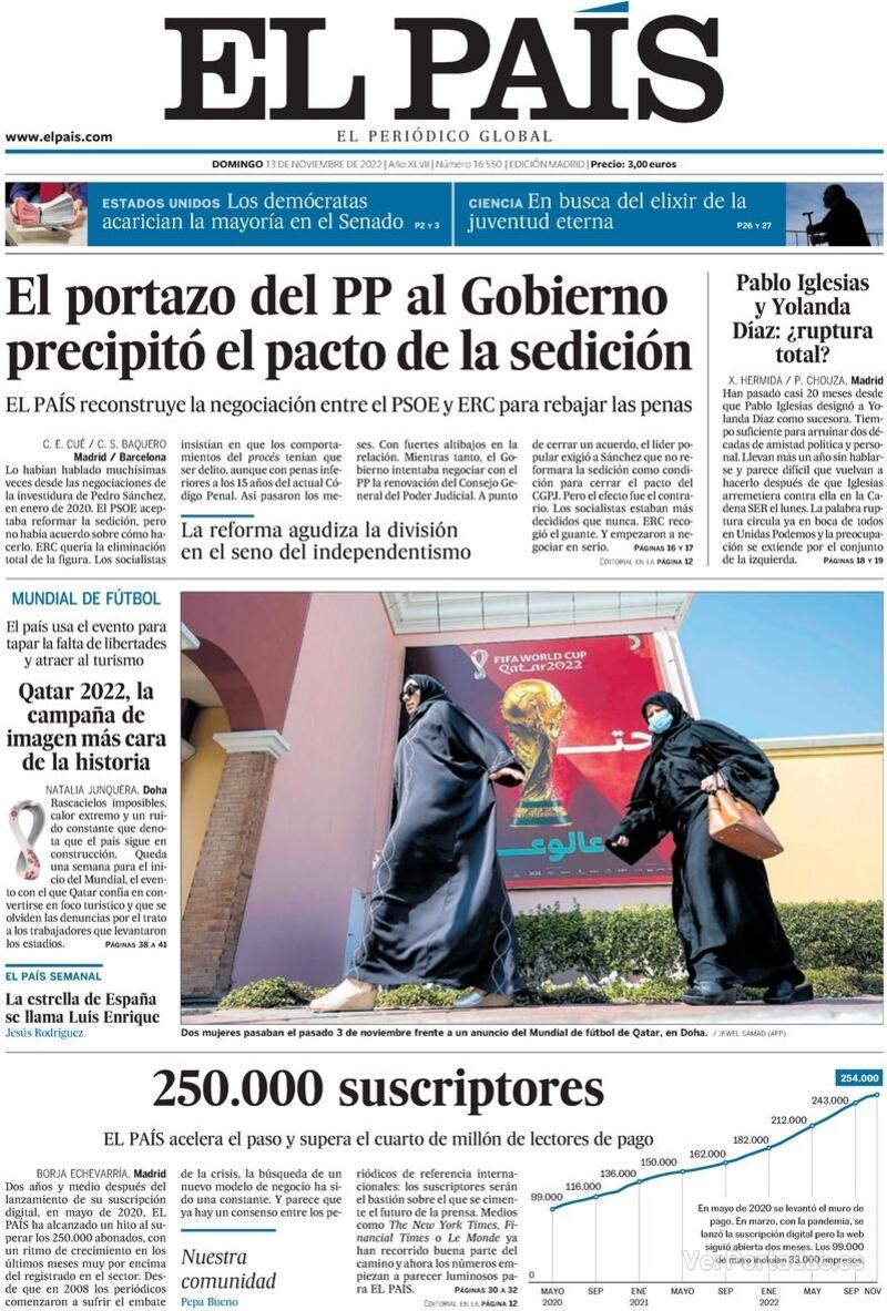 Portada El País 2022-11-14