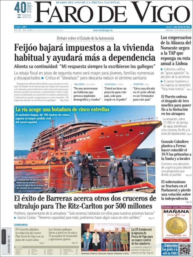 Portada Faro de Vigo 2018-10-11