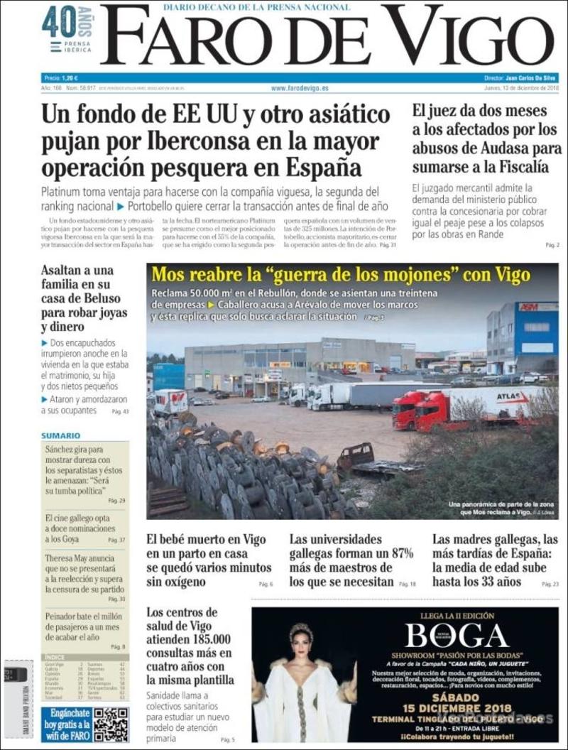 Portada Faro de Vigo 2018-12-14