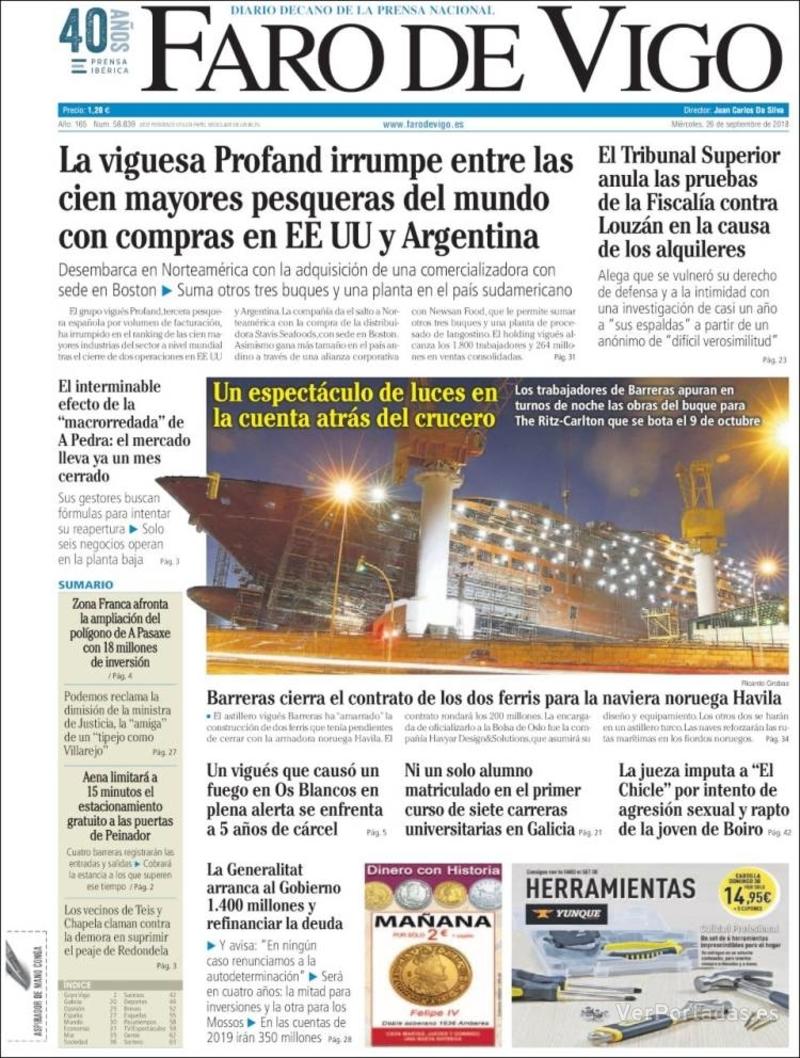 Portada Faro de Vigo 2018-09-27