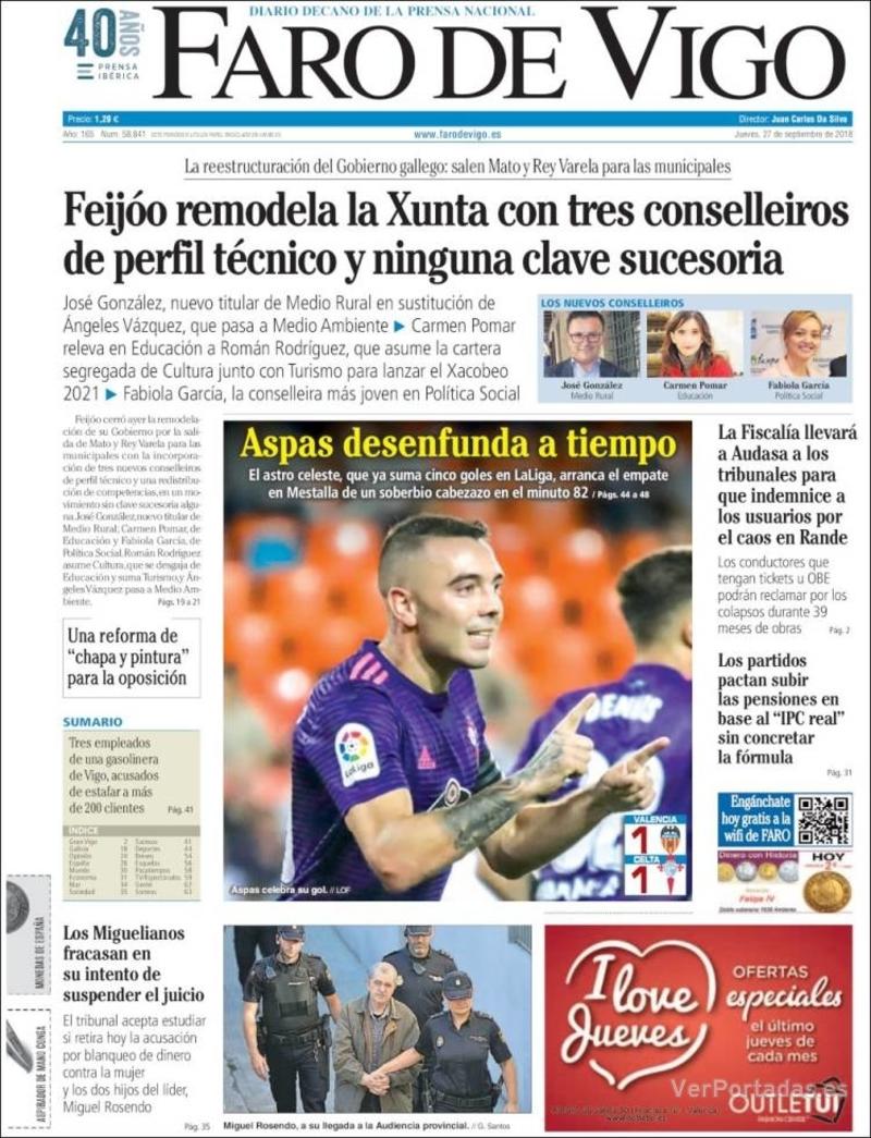 Portada Faro de Vigo 2018-09-28