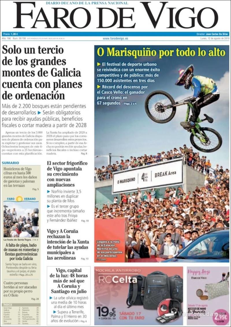 Portada Faro de Vigo 2019-08-13