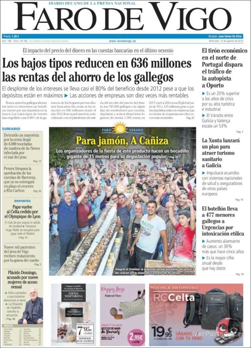 Portada Faro de Vigo 2019-08-15