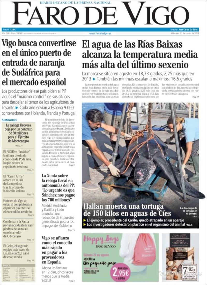 Portada Faro de Vigo 2019-08-22