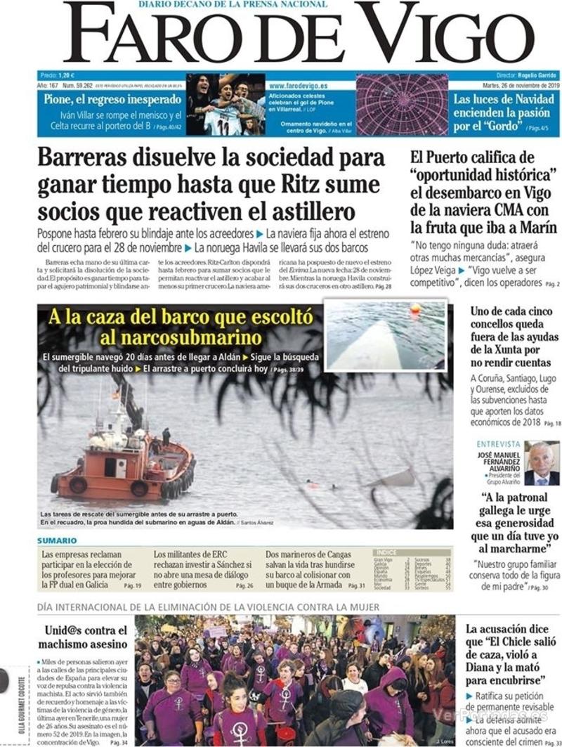 Portada Faro de Vigo 2019-11-27