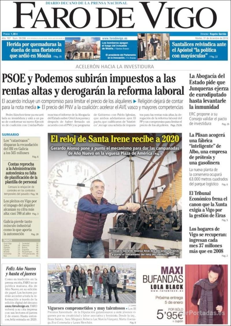 Portada Faro de Vigo 2020-01-02