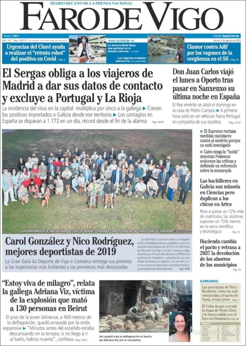 Portada Faro de Vigo 2020-08-08