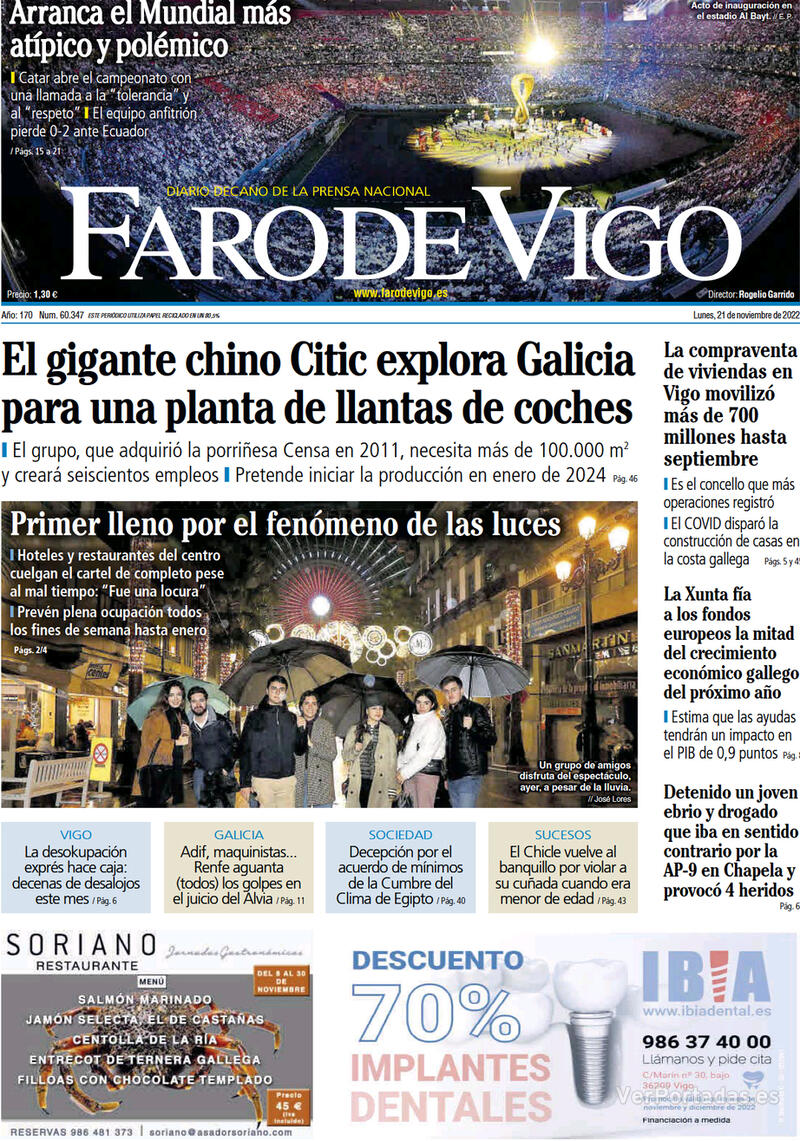 Portada Faro de Vigo 2022-11-22