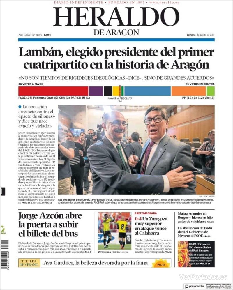 Portada Heraldo De Aragón Jueves 1 De Agosto De 2019 2526