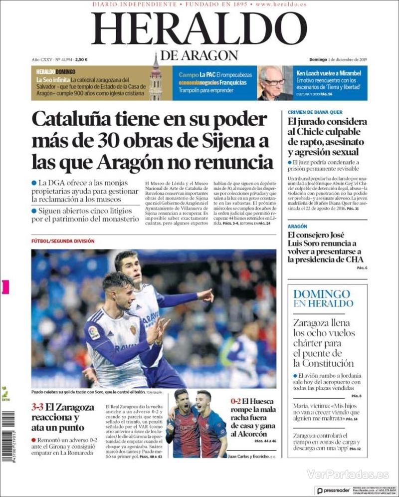 Portada Heraldo De Aragón Domingo 1 De Diciembre De 2019 4389