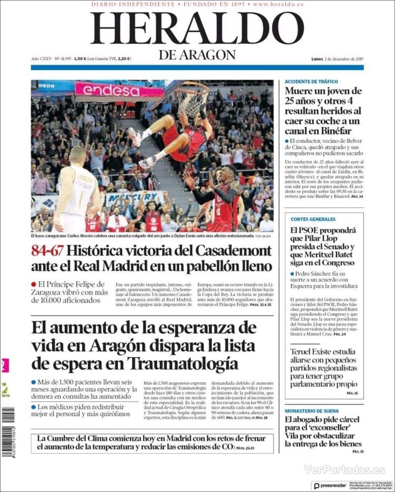 Portada Heraldo De Aragón Lunes 2 De Diciembre De 2019 2054