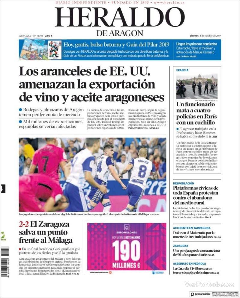 Portada Heraldo De Aragón Viernes 4 De Octubre De 2019 8535