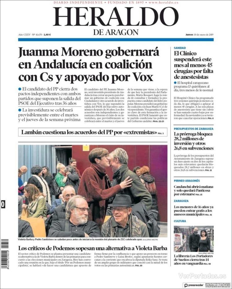 Portada Heraldo De Aragón Jueves10 De Enero De 2019 0227