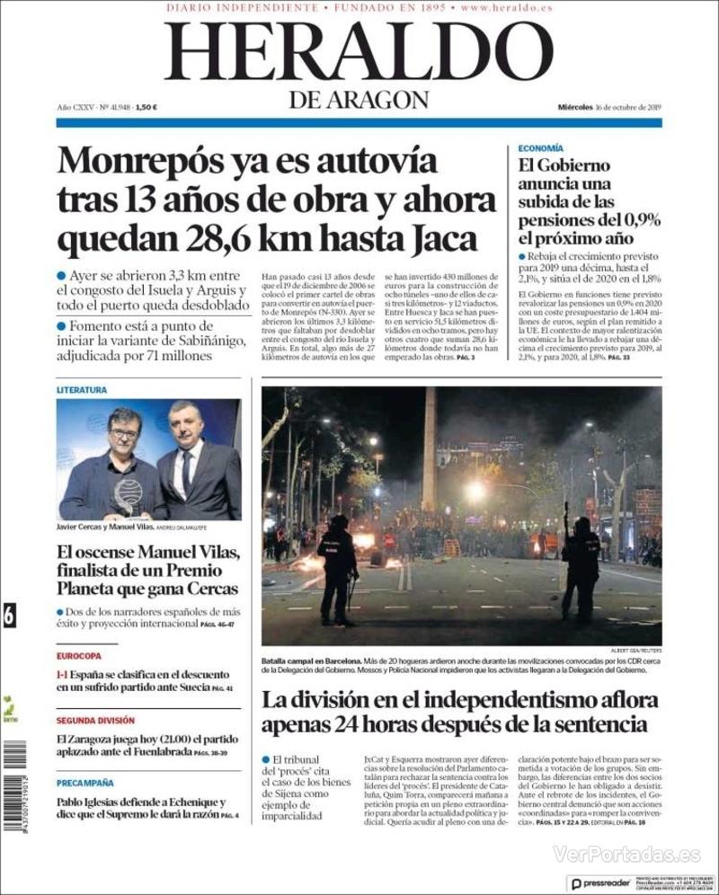 Portada Heraldo De Aragón Miércoles16 De Octubre De 2019 8092