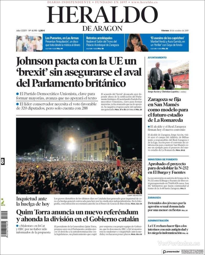 Portada Heraldo De Aragón Viernes18 De Octubre De 2019 0601
