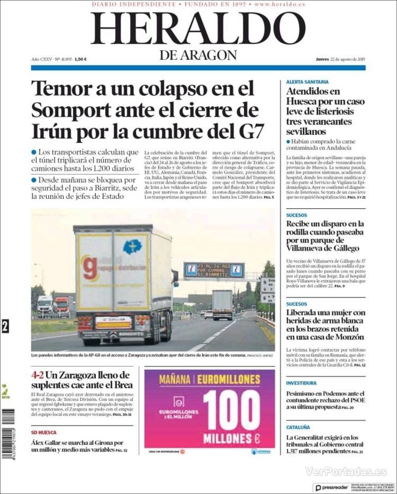 Portada Heraldo De Aragón Jueves22 De Agosto De 2019 5229