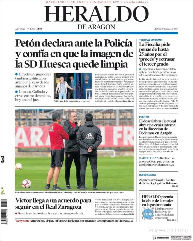 Portada Heraldo De Aragón Jueves30 De Mayo De 2019 0177