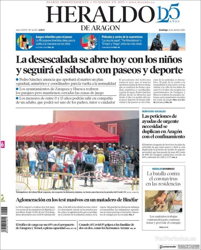 Portada Heraldo De Aragón Domingo26 De Abril De 2020 7781