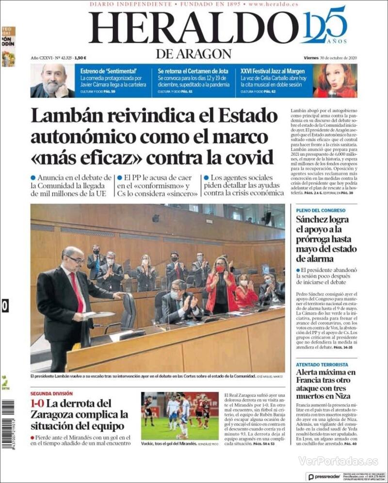 Portada Heraldo De Aragón Viernes30 De Octubre De 2020 0145