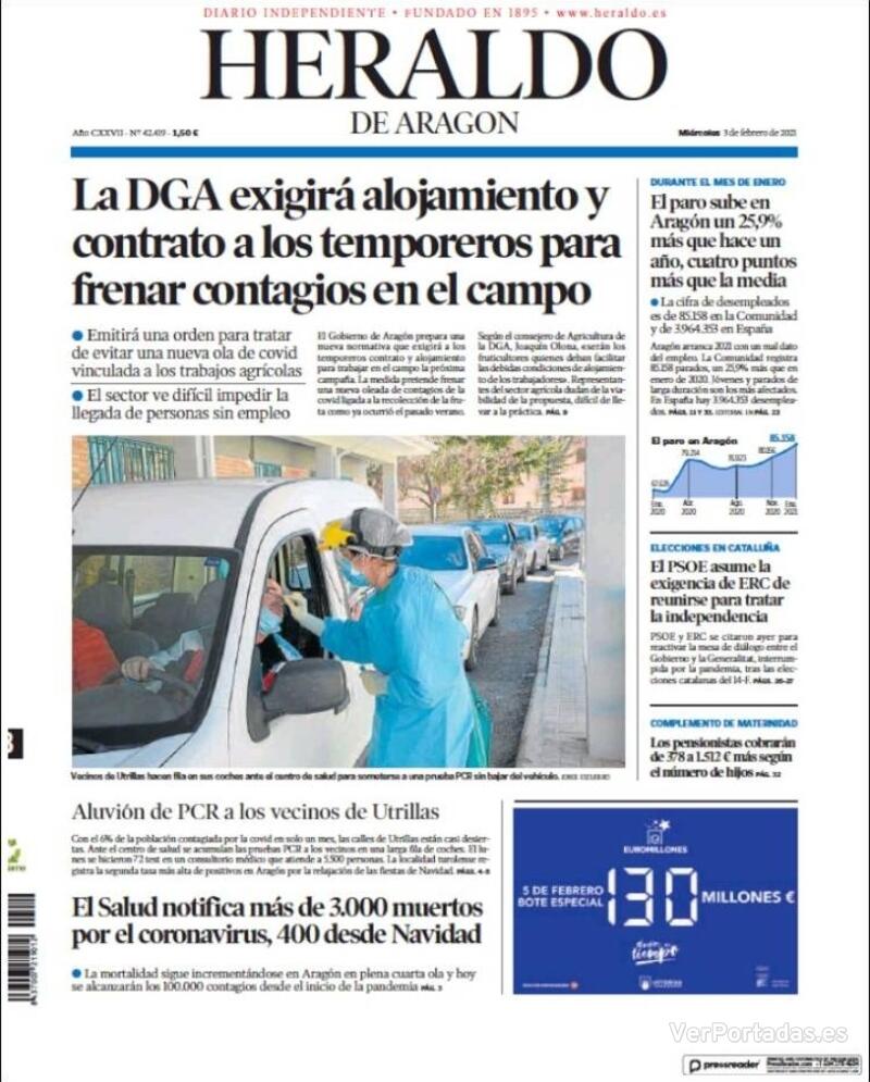 Portada Heraldo de Aragón 2021-02-04