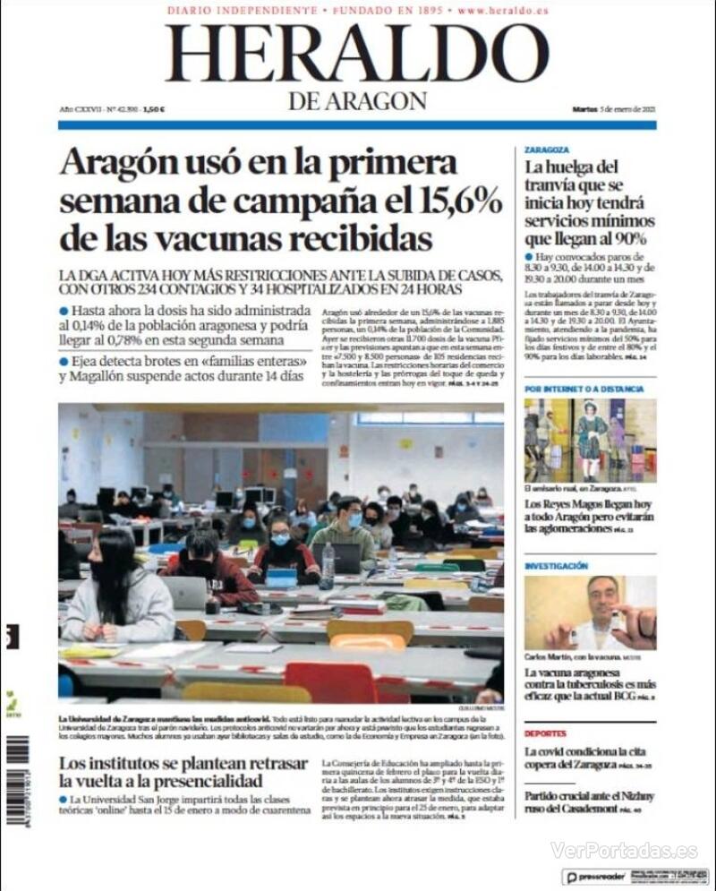 Portada Heraldo de Aragón 2021-01-06