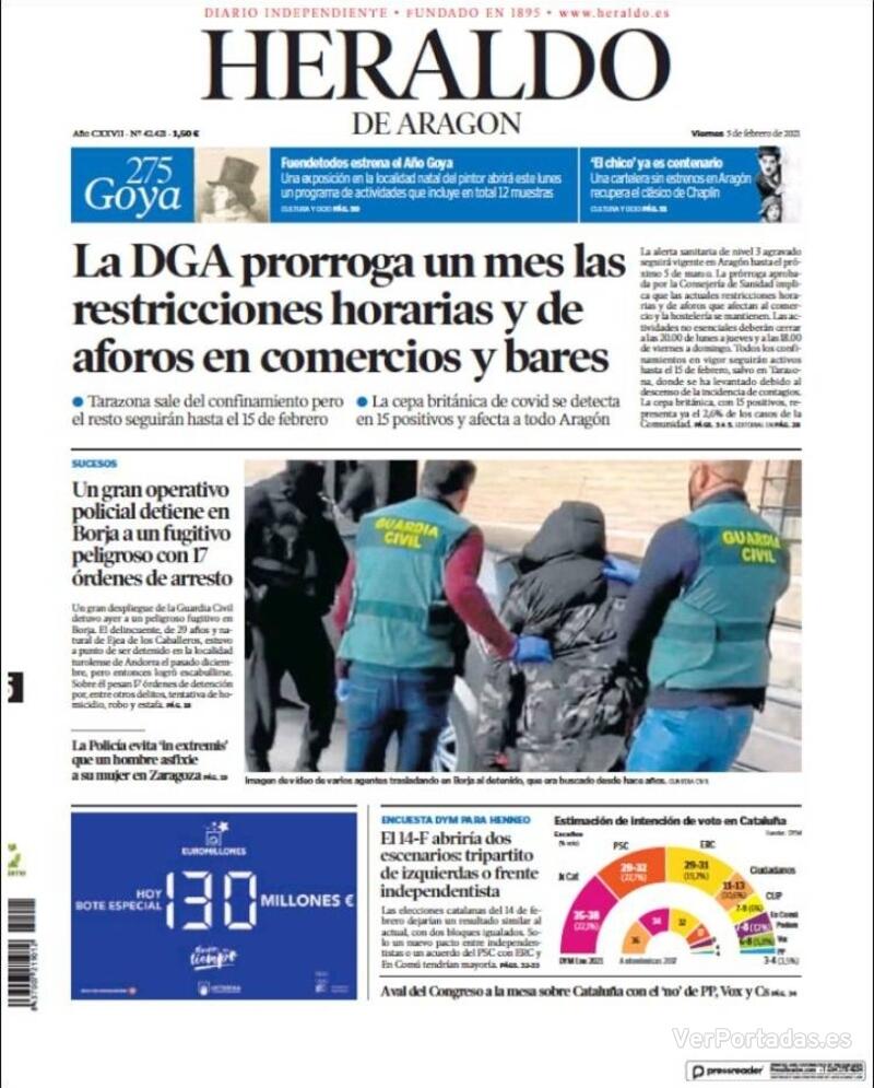 Portada Heraldo de Aragón 2021-02-06