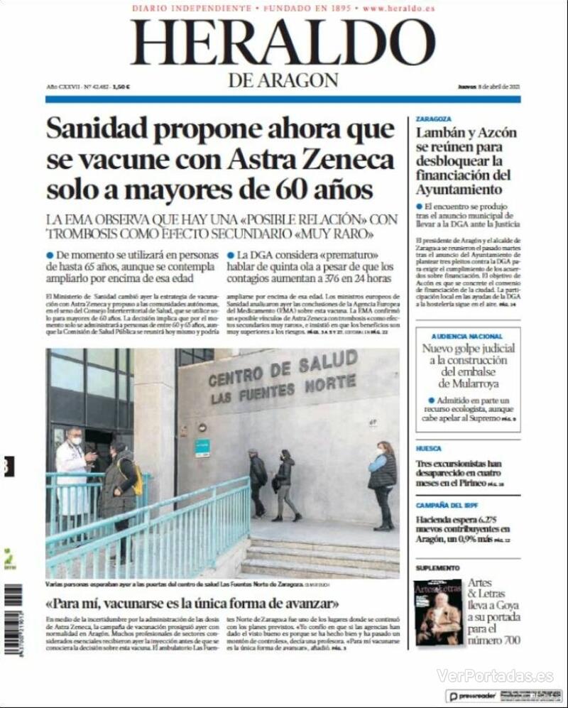 Portada Heraldo de Aragón 2021-04-09