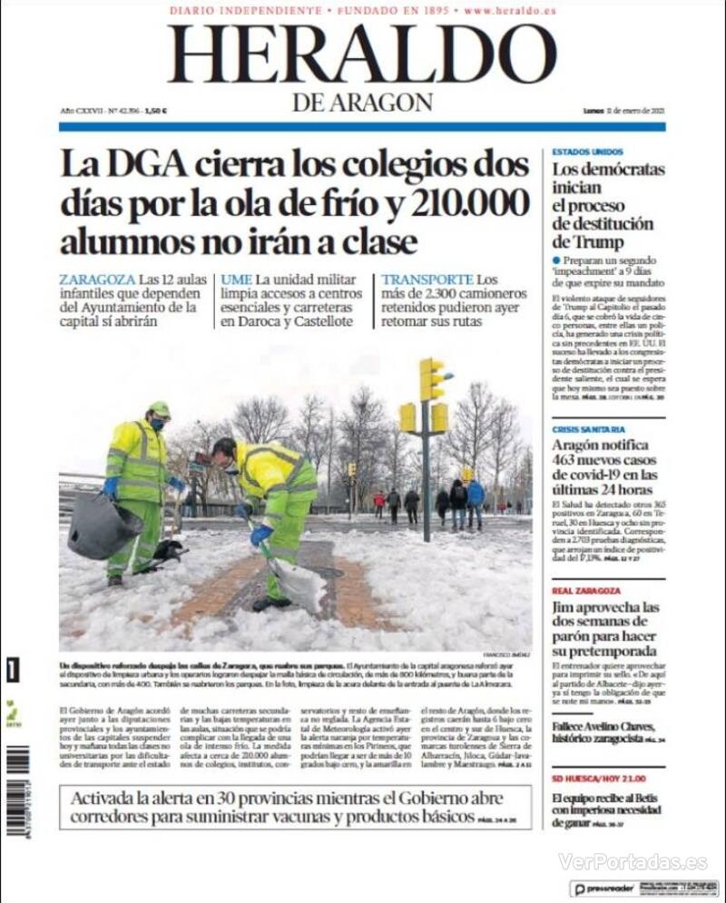 Portada Heraldo de Aragón 2021-01-12